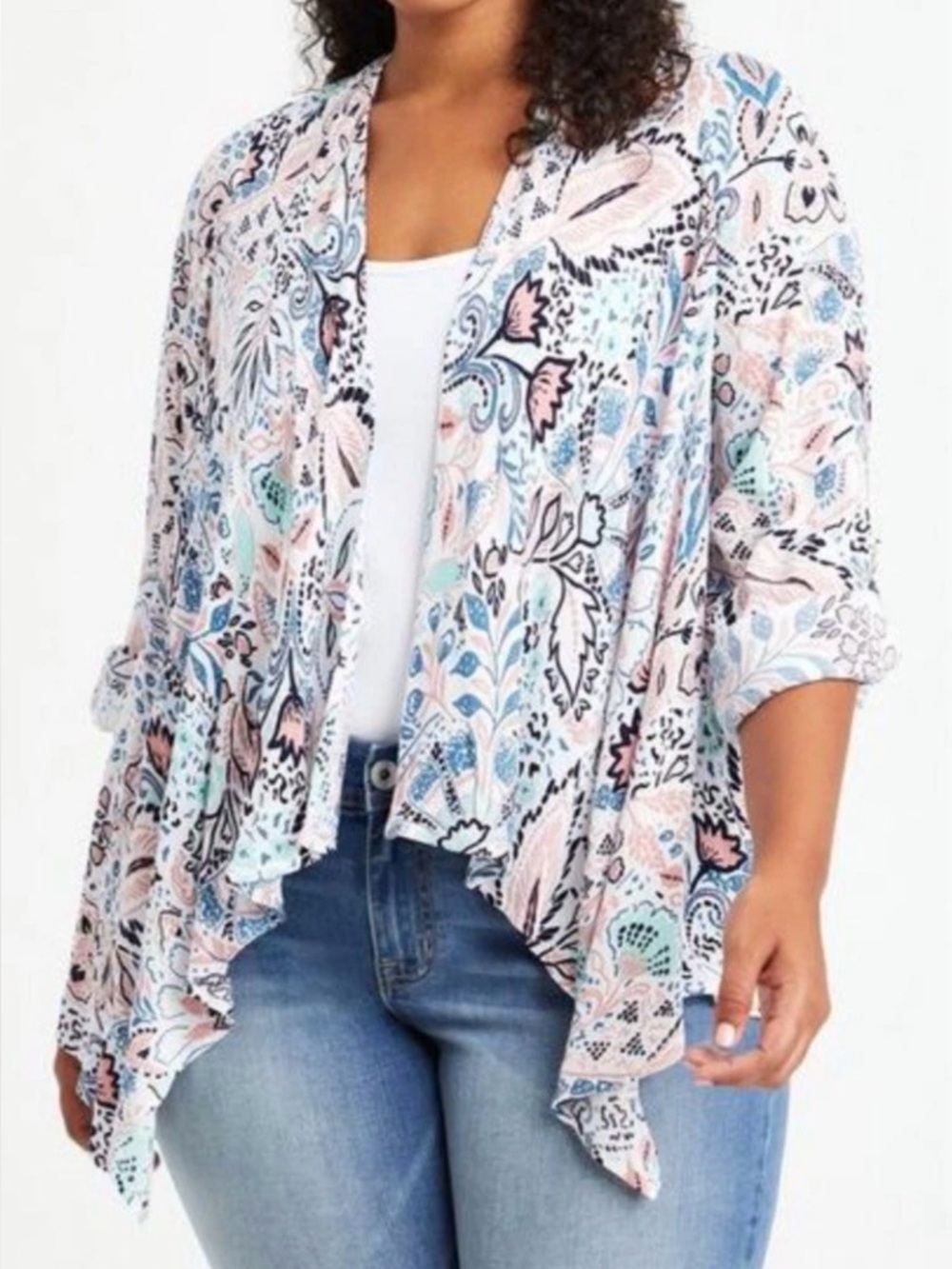 Torrid Gauze Roll Tab Sleeve Open Front Paisley Kimono Size 1 Plus Size - Picture 1 of 8